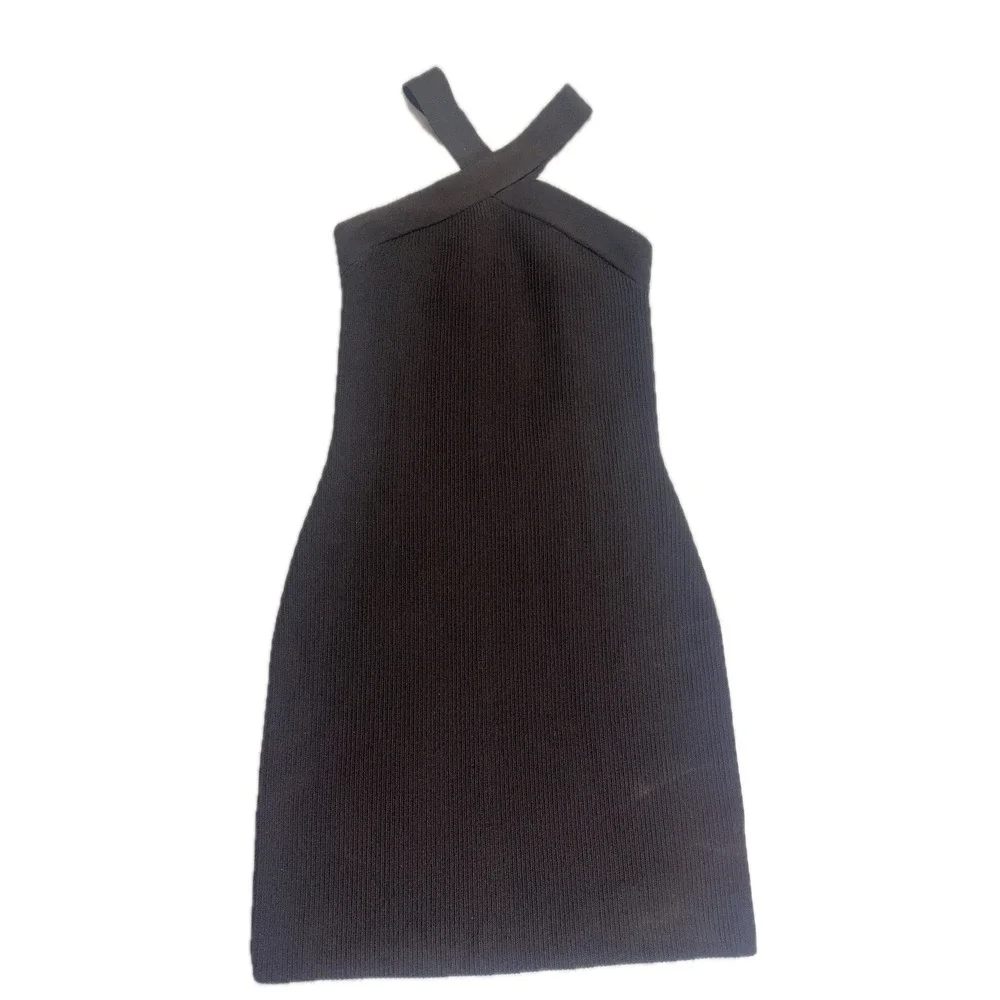Babaton‎ Black Ribbed Mini Dress Sleeveless Bodycon Criss Cross Halter Neck
